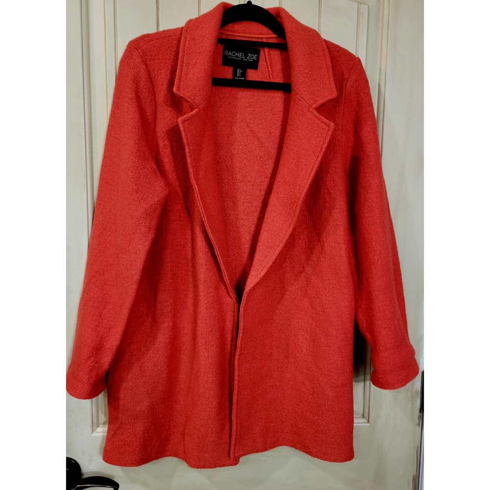 Rachel Zoe Wool Blend Open Front Coat Vibrant Orange Mid Length Size Small